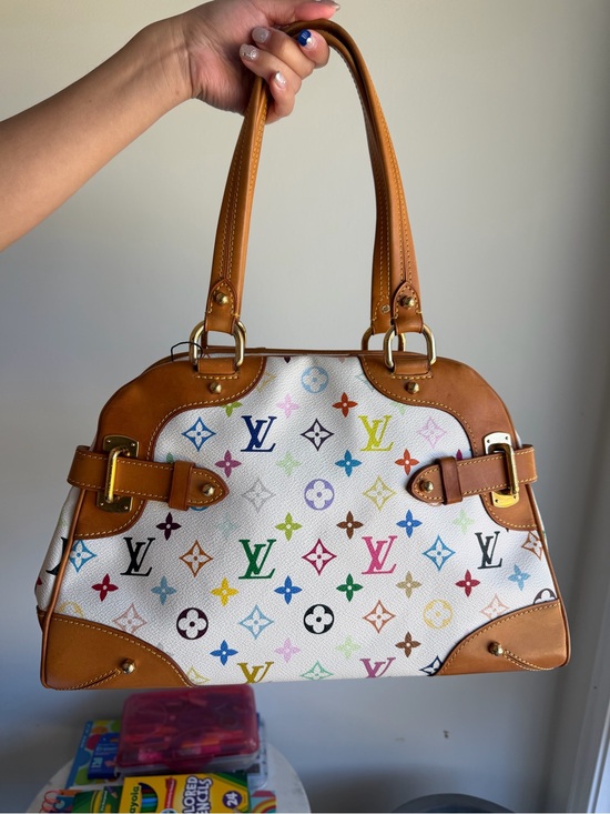 Louis Vuitton Handbags - Louis Vuitton White Multicolor Monogram Canvas Shoulder Bag with Tan Leather